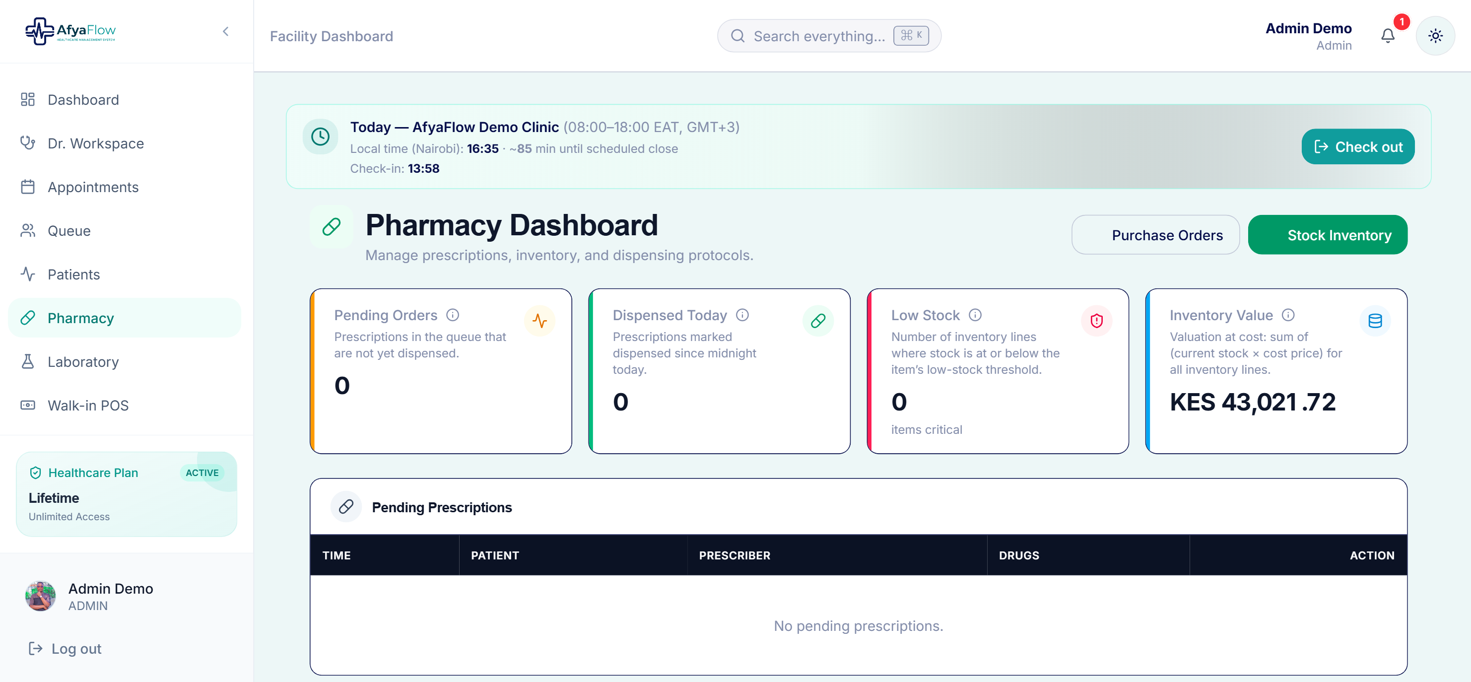 AfyaFlow pharmacy dashboard with stock levels and dispensing
